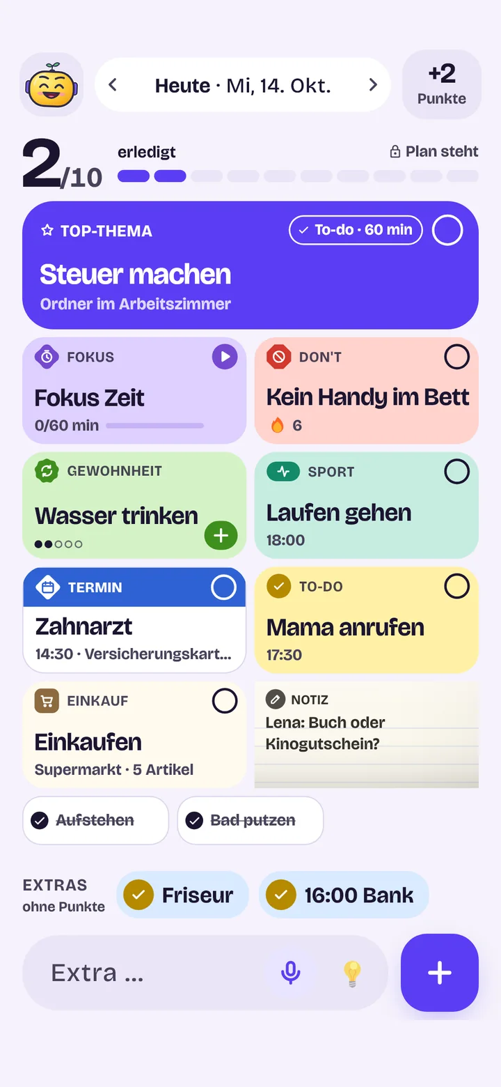 Stil Bento: kräftige Kacheln, eine Form je Art.