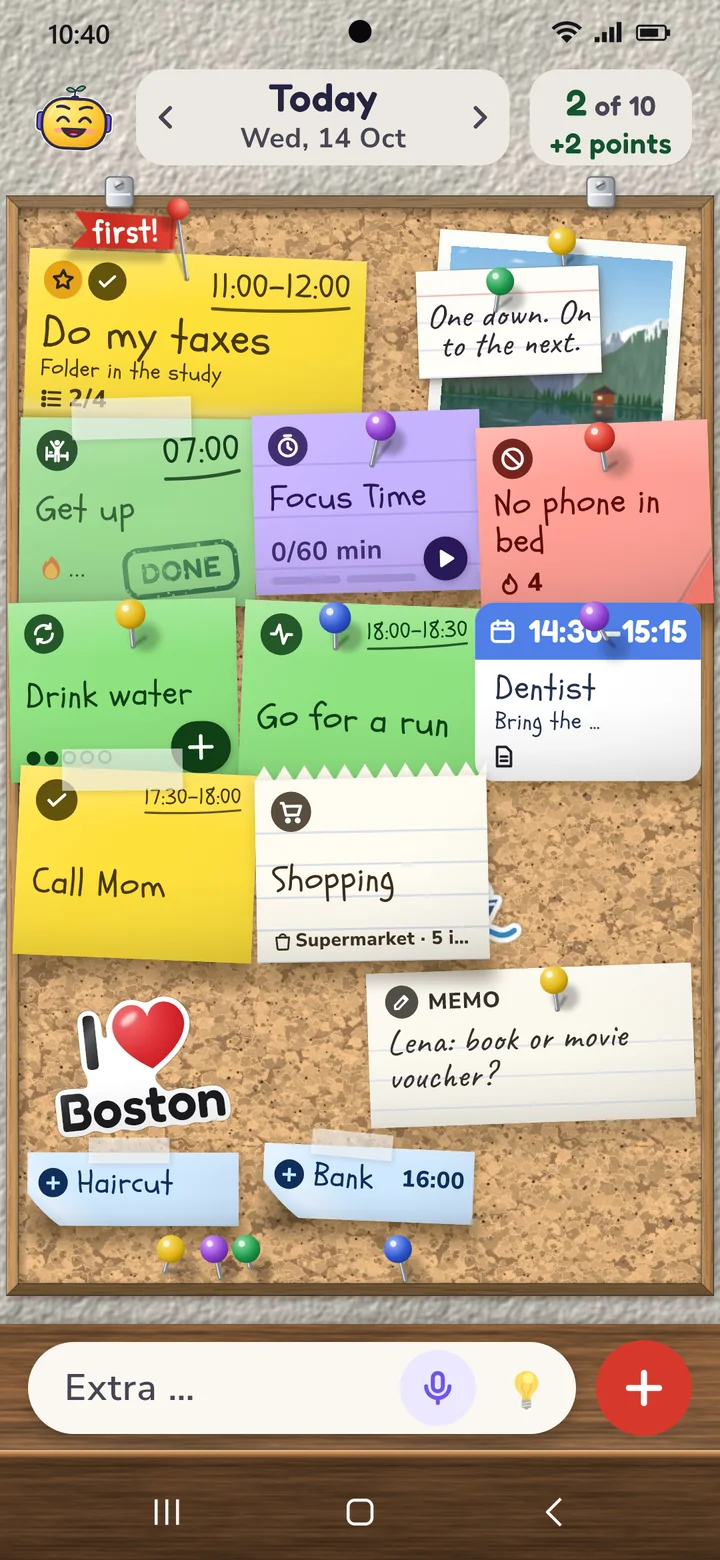 Daily plan as a cork board: ten colorful notes, the top task “Do my taxes” at 11:00, plus habits, Focus Time, exercise and shopping; two notes carry a “Done” stamp.