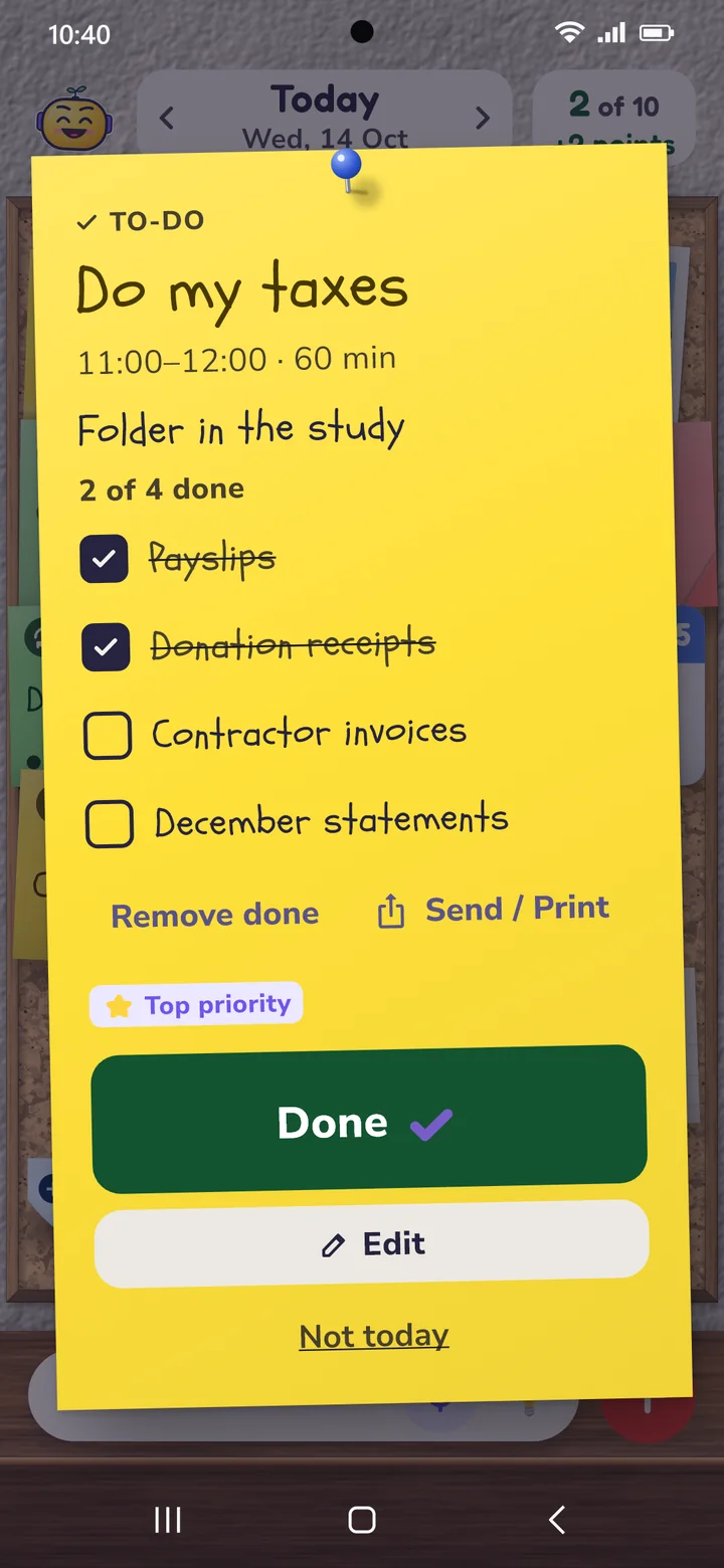 An open note “Do my taxes” with a checklist: two of four items checked, below it the “Done” button.