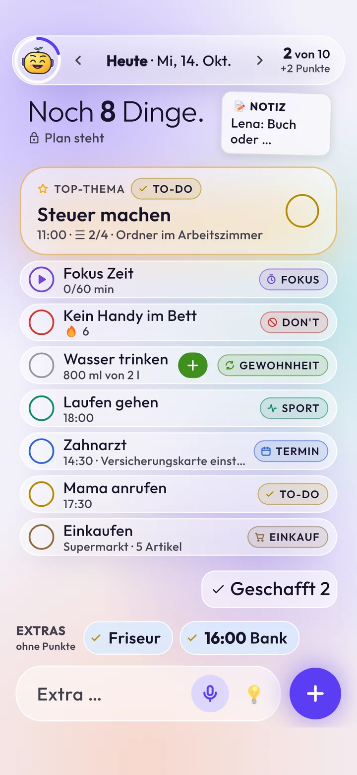 Stil Glas & Glow: Aufgaben als Liste auf mattem Glas vor sanftem Farbverlauf.
