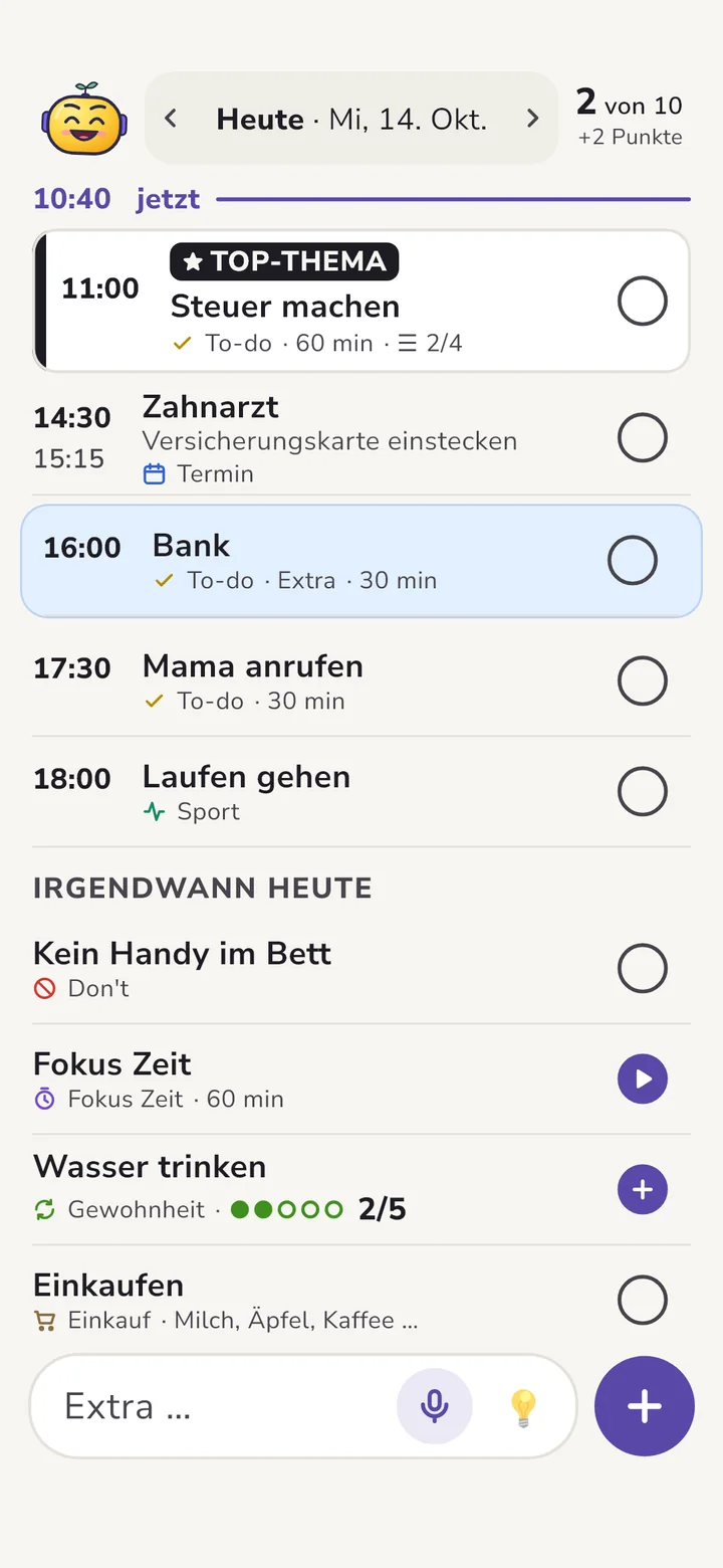 Stil Klar: eine ruhige Liste, links die Uhrzeit, große Schrift.