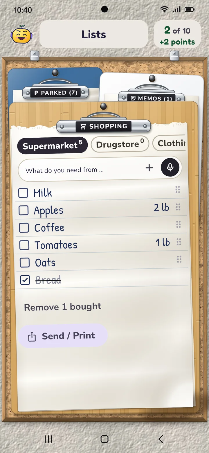 Lists as clipboards: in front the supermarket shopping list with milk, apples, coffee, tomatoes and oats, behind it parking spot and notes.