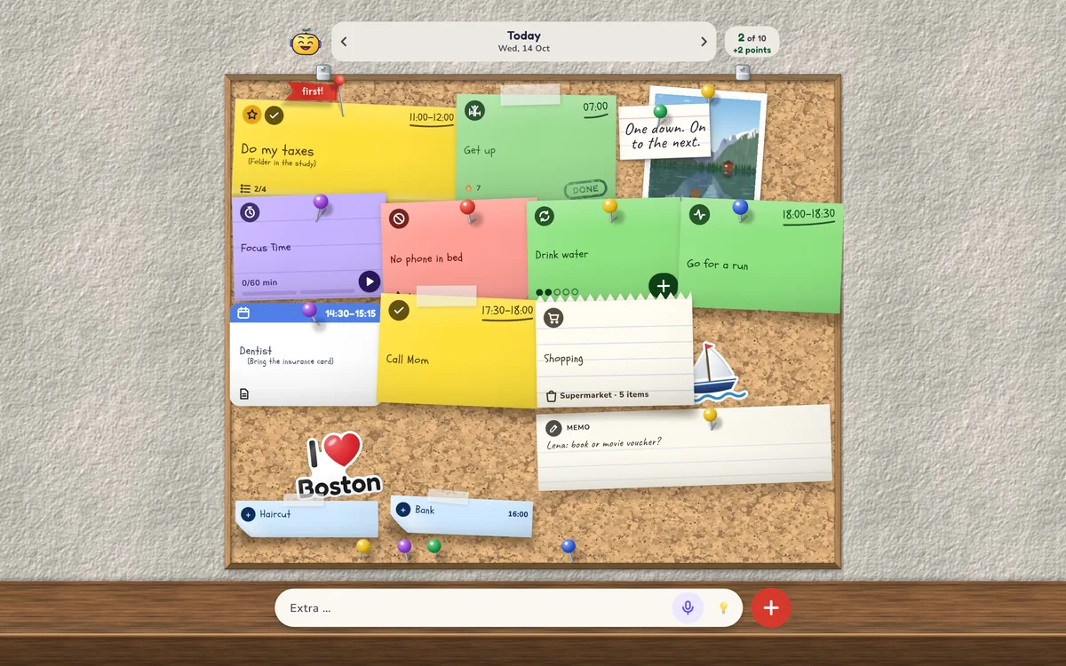 Ten & Done on a tablet in landscape: the cork board with ten notes, a note and a quote.