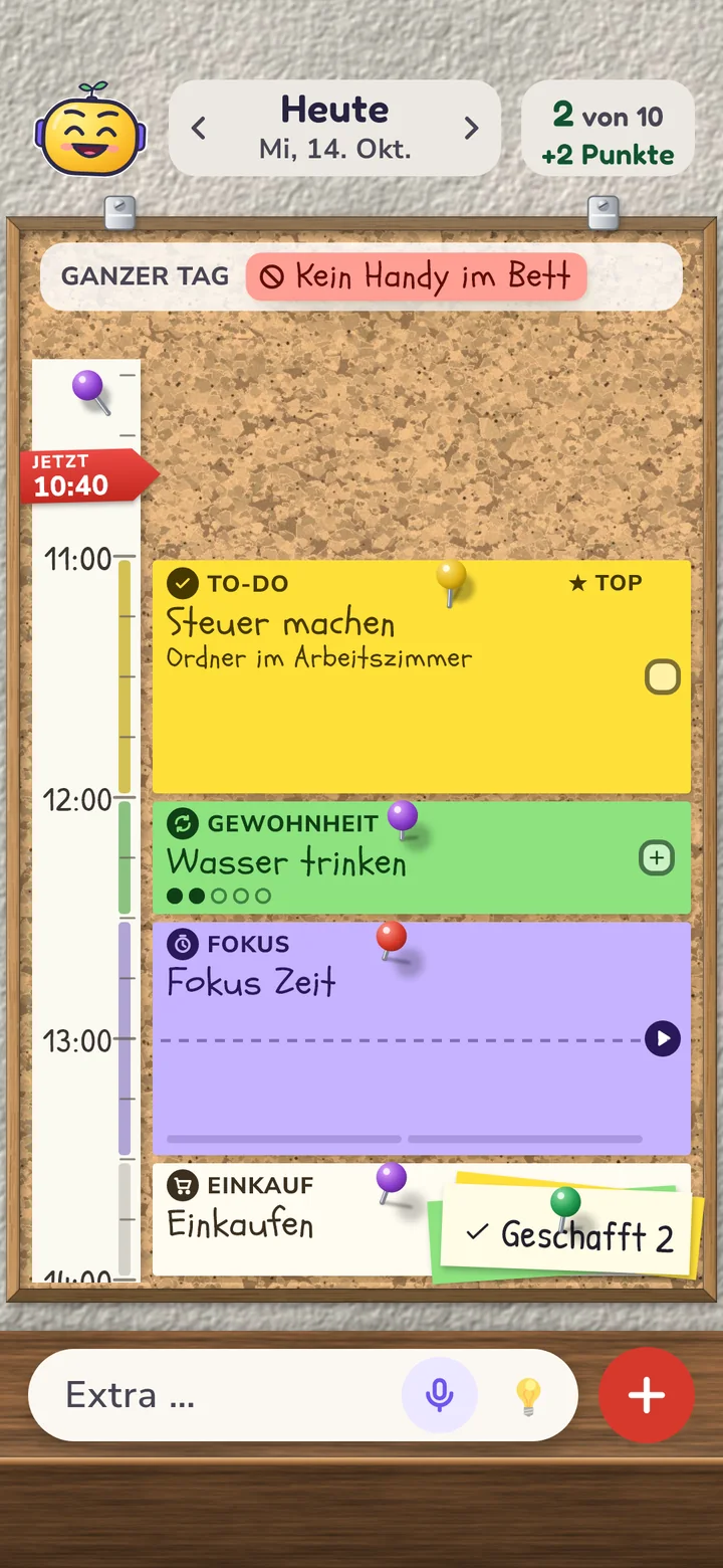 Zeitleiste ab 11 Uhr: das Top-Thema, Wasser trinken, Fokus Zeit und Spaziergang untereinander, oben „ganzer Tag“.