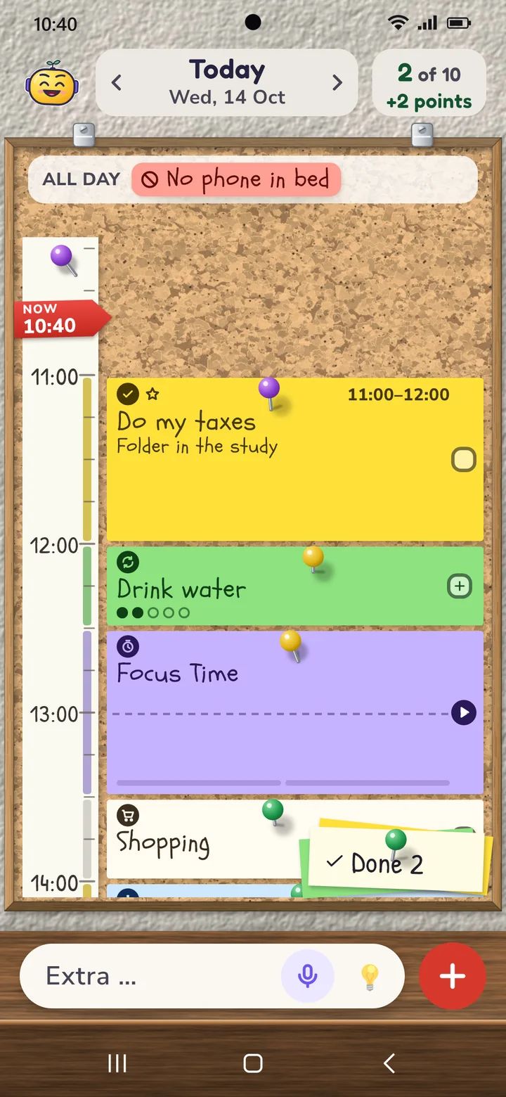 Timeline from 11:00: the top task, Drink water, Focus Time and a walk, with “all day” at the top.